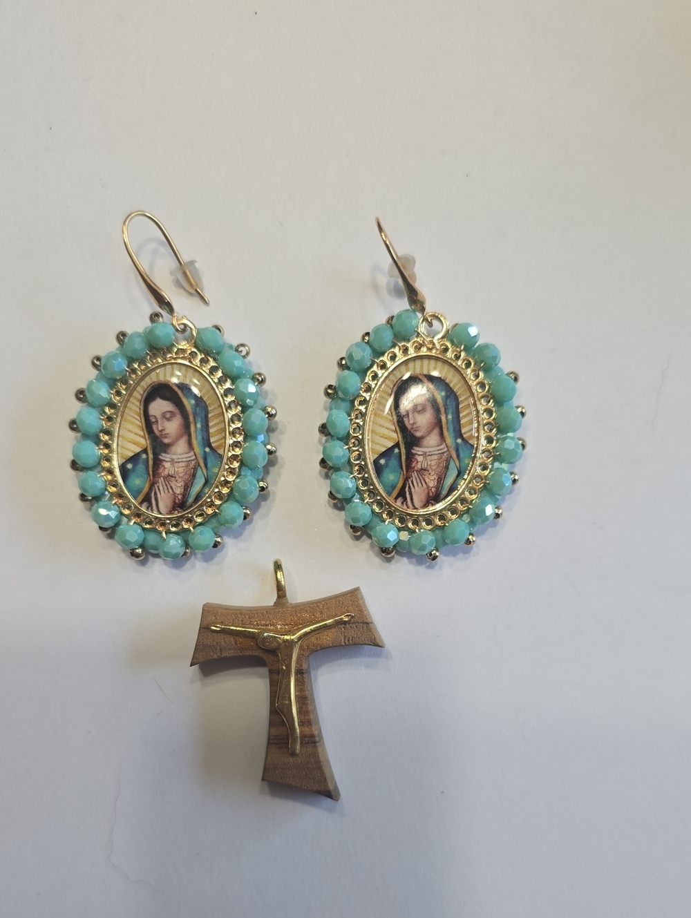 Faux Turquoise Virgin Mary Bead-Trim Drop Earrings by